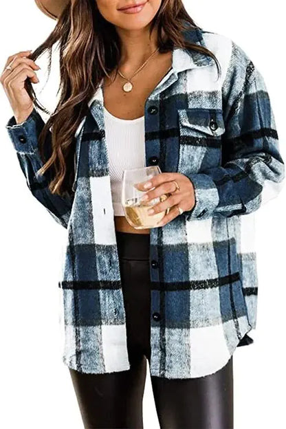 Flannel Plaid Button Down Long Sleeve Woolen Vintage Fashion Jacket