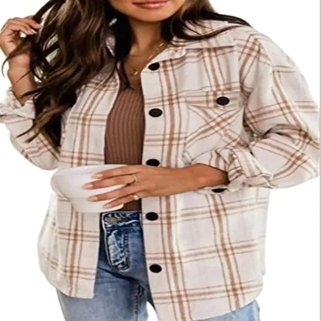 Flannel Plaid Button Down Long Sleeve Woolen Vintage Fashion Jacket