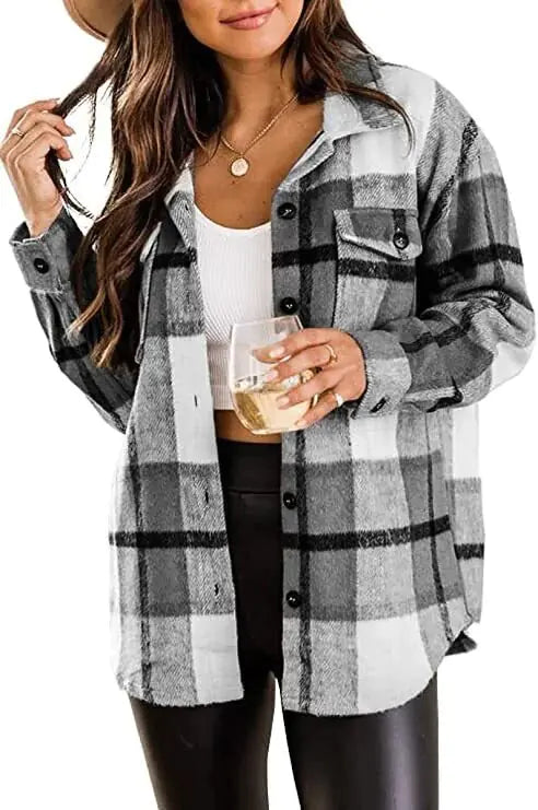 Flannel Plaid Button Down Long Sleeve Woolen Vintage Fashion Jacket