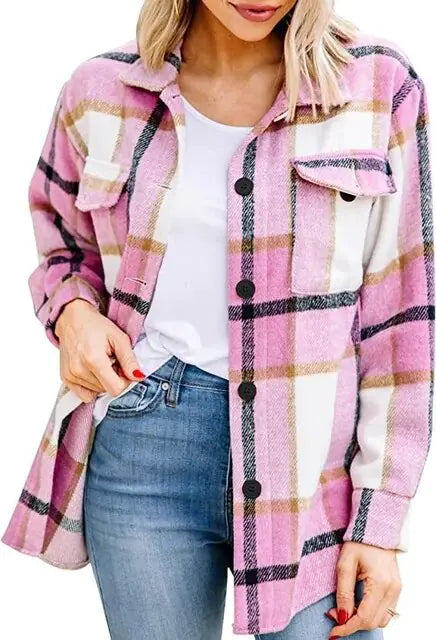 Flannel Plaid Button Down Long Sleeve Woolen Vintage Fashion Jacket