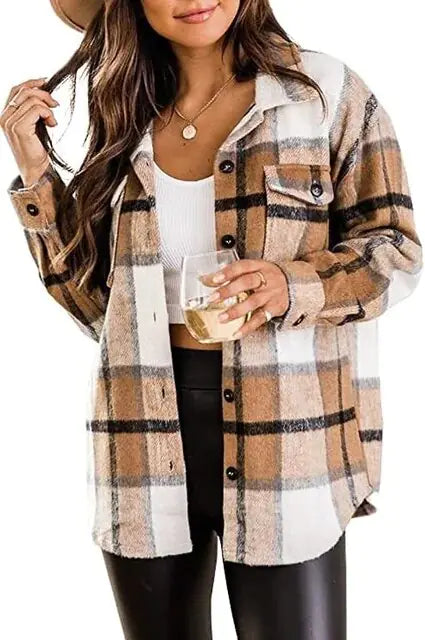 Flannel Plaid Button Down Long Sleeve Woolen Vintage Fashion Jacket