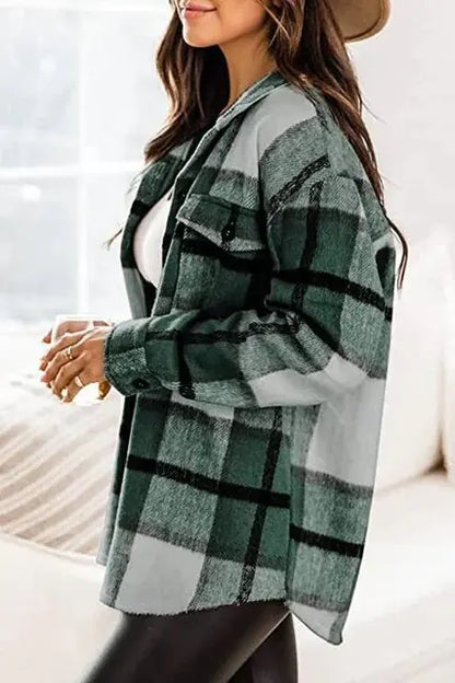 Flannel Plaid Button Down Long Sleeve Woolen Vintage Fashion Jacket